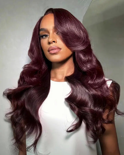 Arabella 13x6/6x5 Glueless Wig Dark Plum Body Wave Wig Invisible Knots Realistic Hairline