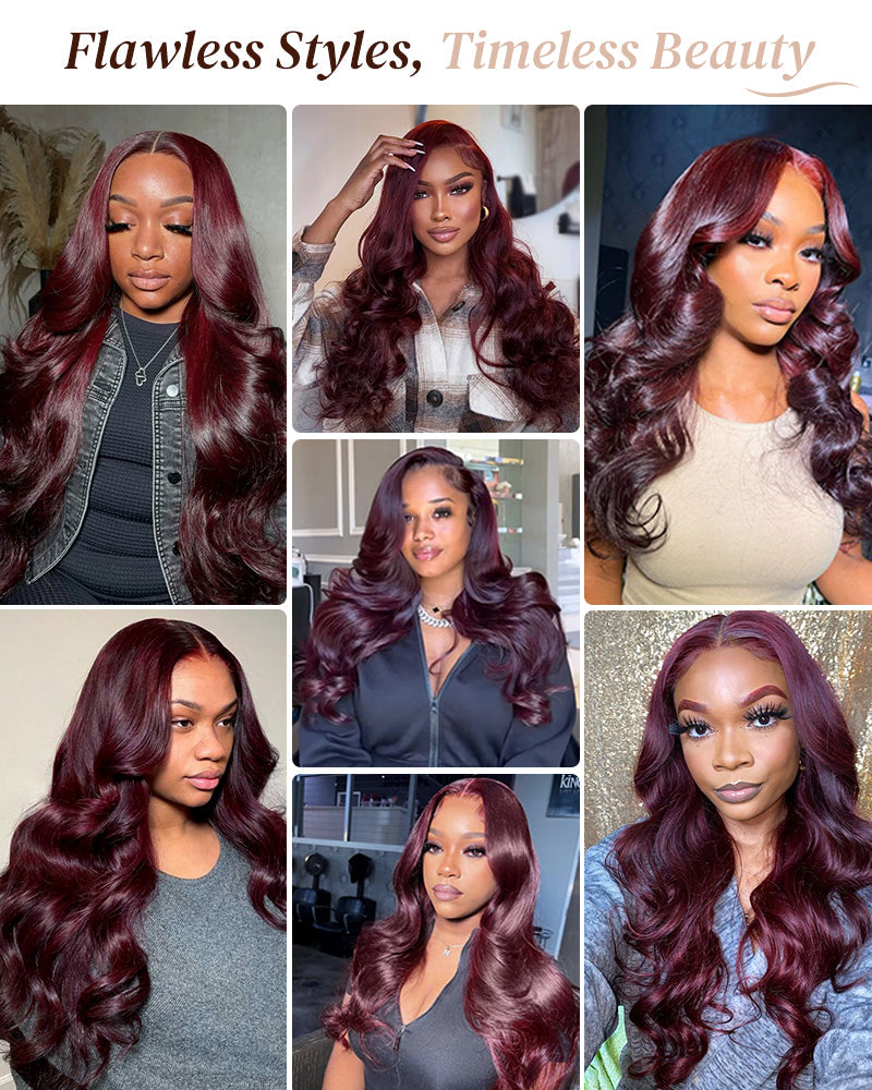 Arabella 13x6/6x5 Glueless Wig Dark Plum Body Wave Wig Invisible Knots Realistic Hairline