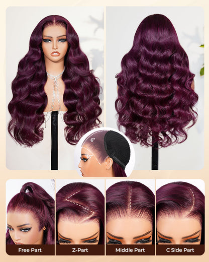 Arabella 13x6/6x5 Glueless Wig Dark Plum Body Wave Wig Invisible Knots Realistic Hairline