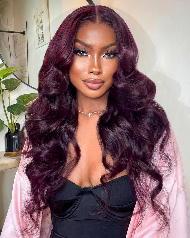 Arabella 13x6/6x5 Glueless Wig Dark Plum Body Wave Wig Invisible Knots Realistic Hairline